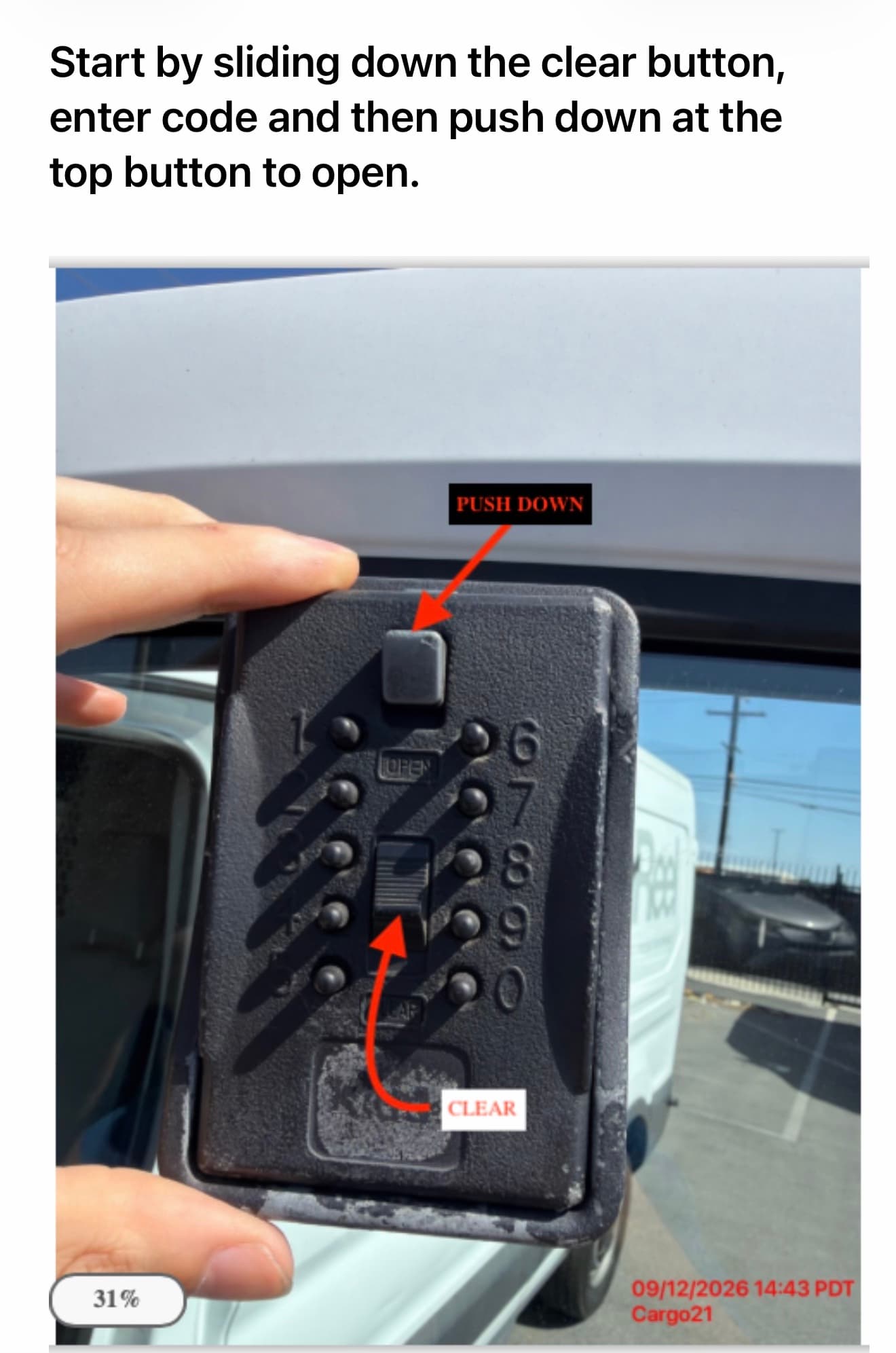 A SirReel vehicle lock box held up to the door of a truck. An arrow marked PUSH DOWN points to the small button above the number pad; a second arrow marked CLEAR points to the wide sliding button in the middle of the pad.